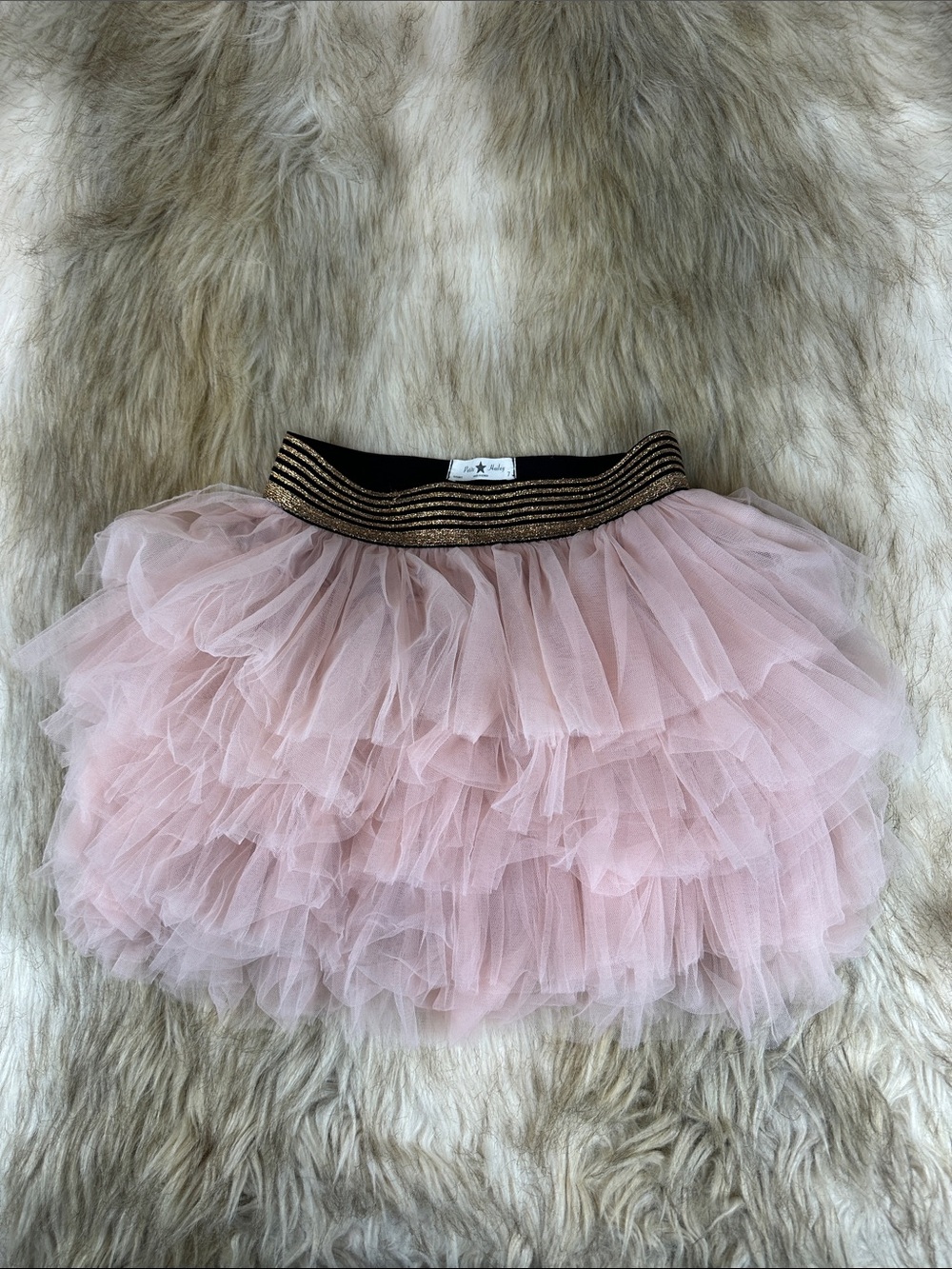 Petite Hailey Girls Pink Tulle Tutu Skirt Gold Black Waist Size 7